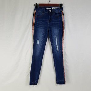 Indigo Rein Jeans Juniors‎ 1 Mid Rise Ankle Distressed Stripe Accent Blue Denim